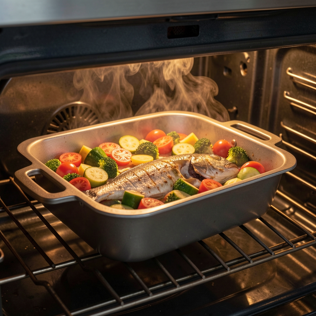 Auflaufform mit Gemüse und Fisch im Ofen, gedämpfte Aromen sichtbar, warmes Licht