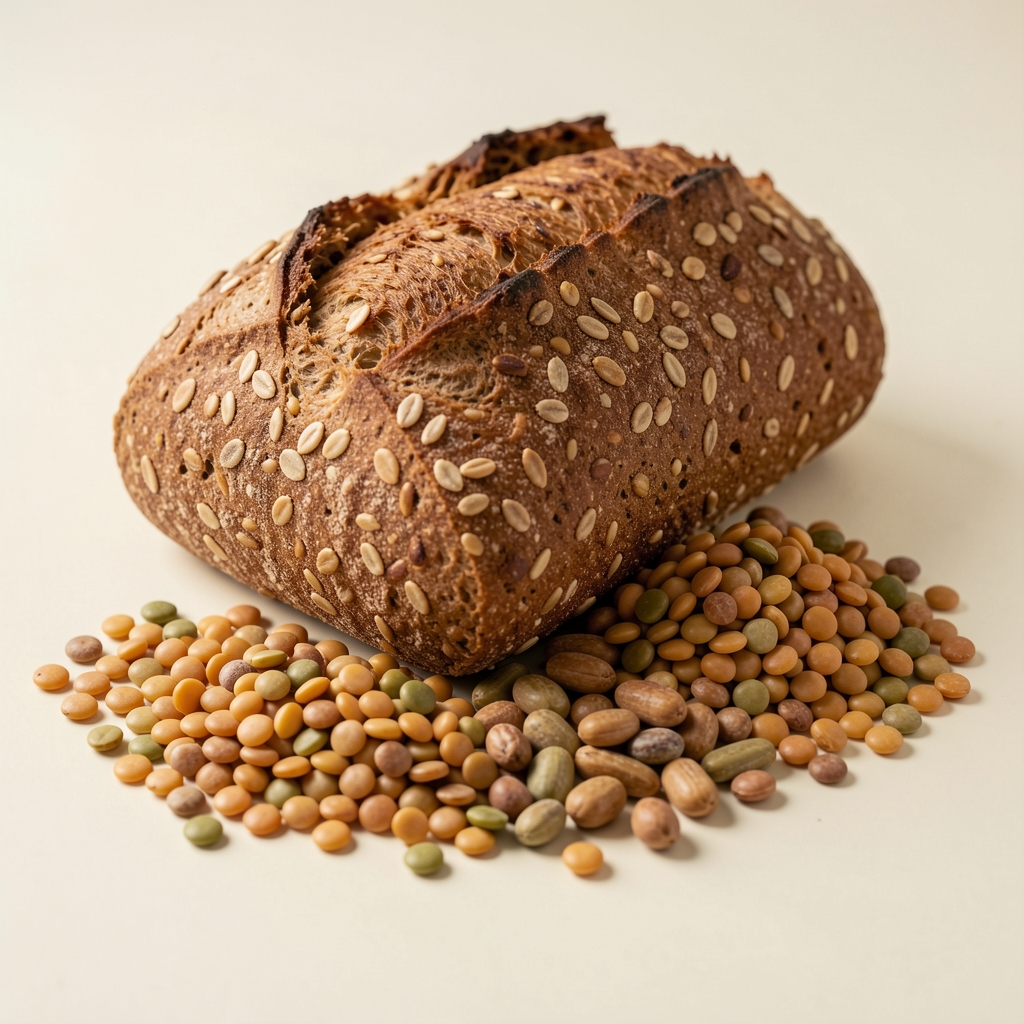 Vollkornbrot, Linsen und Hülsenfrüchte auf hellem Untergrund, editoriale Stillleben-Aufnahme